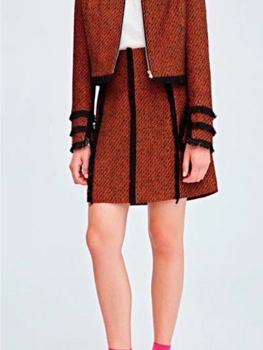 Adolfo Dominguez Rust Brown Tweed Jacket & Skirt Set with Black Trim